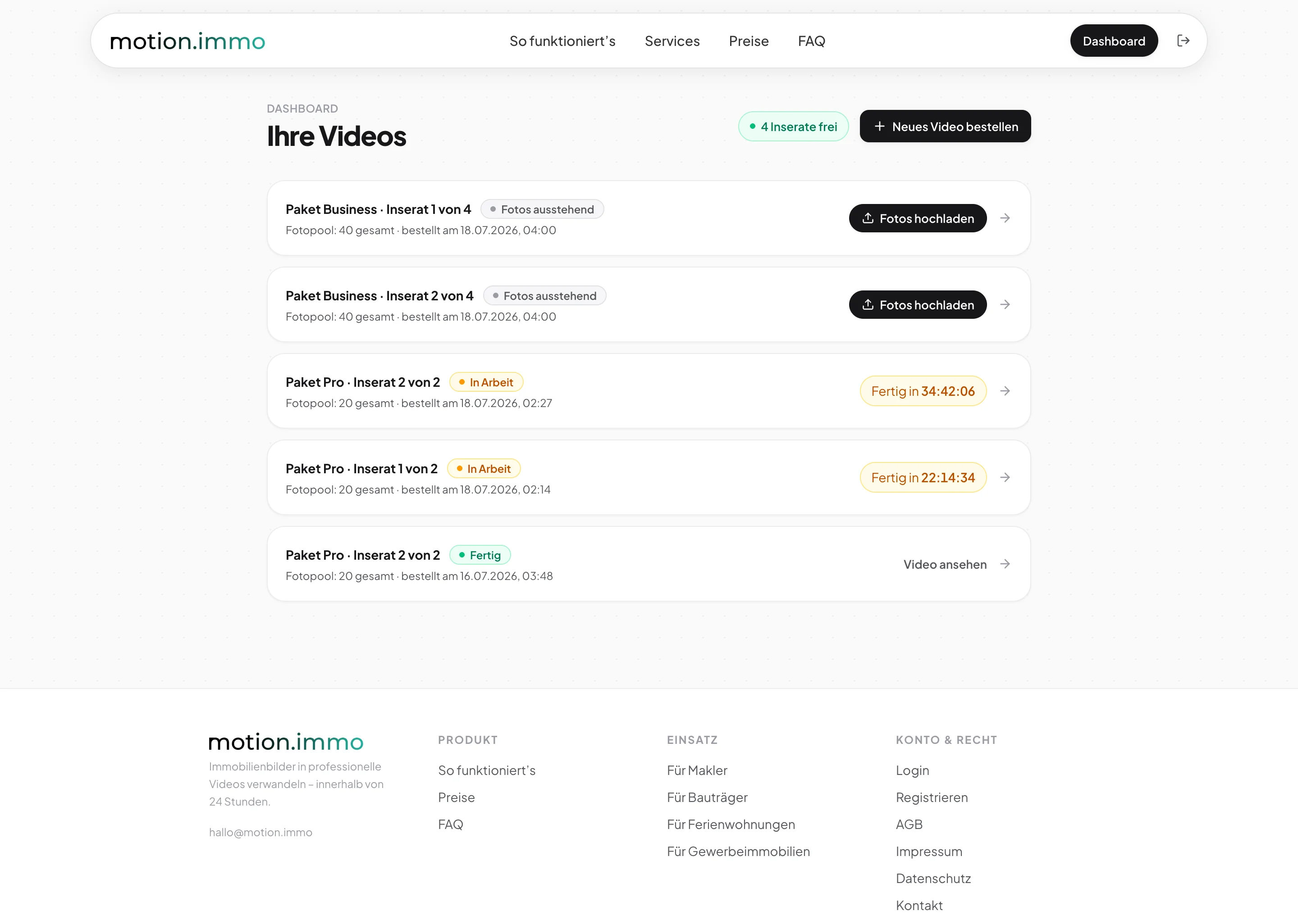 motion.immo Dashboard: alle Immobilienvideos im Überblick