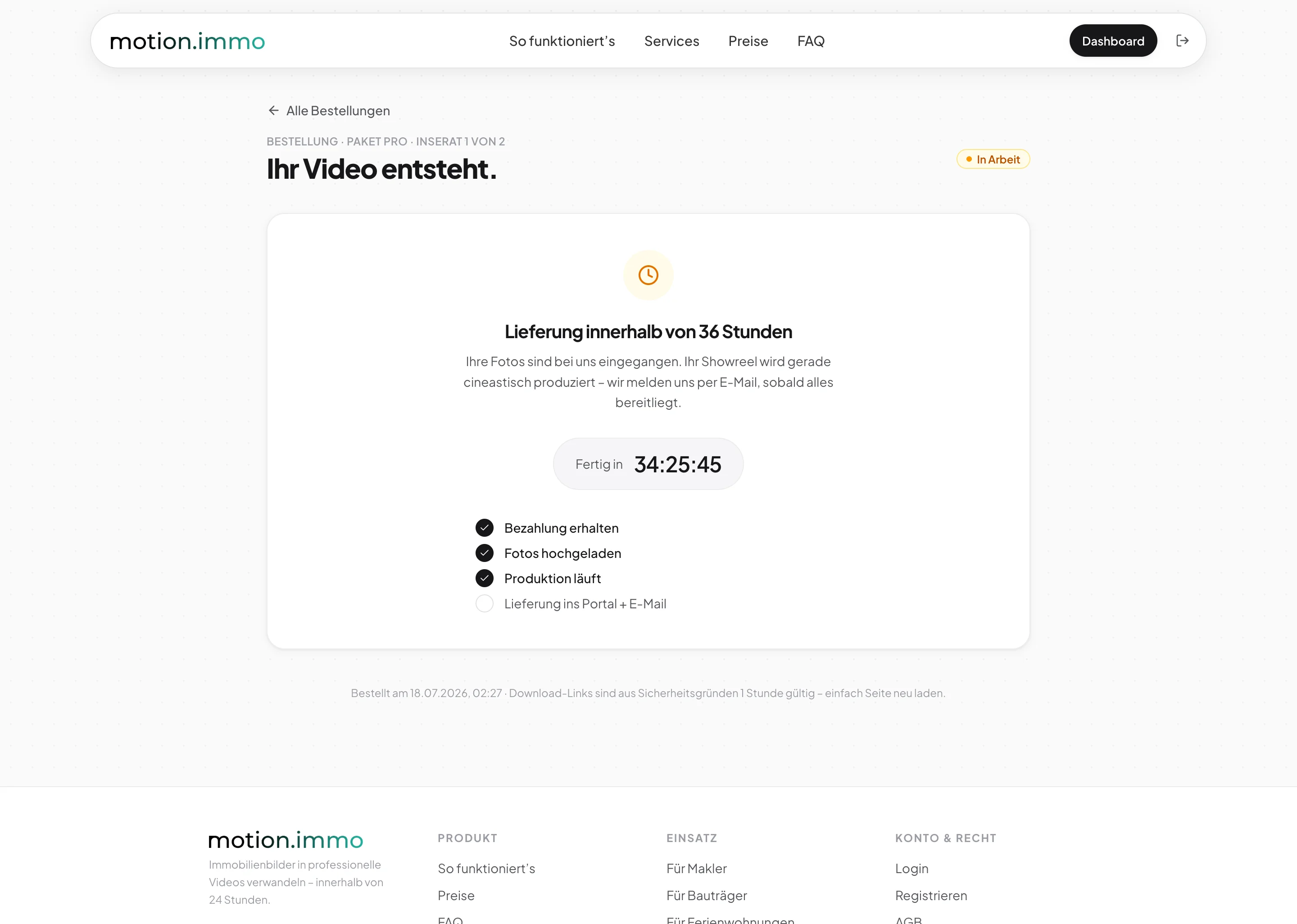 motion.immo Bestellstatus: Video wird produziert und geliefert